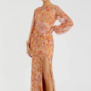 Mac Duggal Orange Floral Print Sequined Puff Sleeve Gown (NWT)